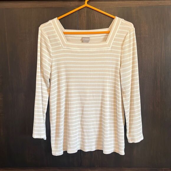 Chico’s Ribbed Square Neck Striped Top Size Medium - Picture 2 of 6